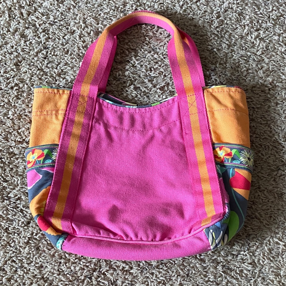 Vera Bradley Pink and Orange Canvas Tote with Striped Handles